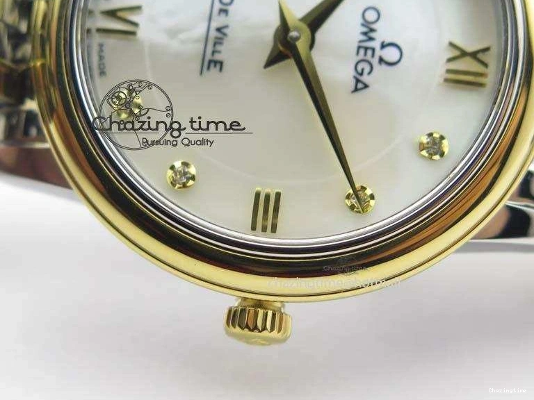 0503 OnTrend De Ville 27mm SS YG Ladies MK 1:1 Best Edition White MOP Dial Diamond Markers On SS Bracelet Ronda Quartz 8187